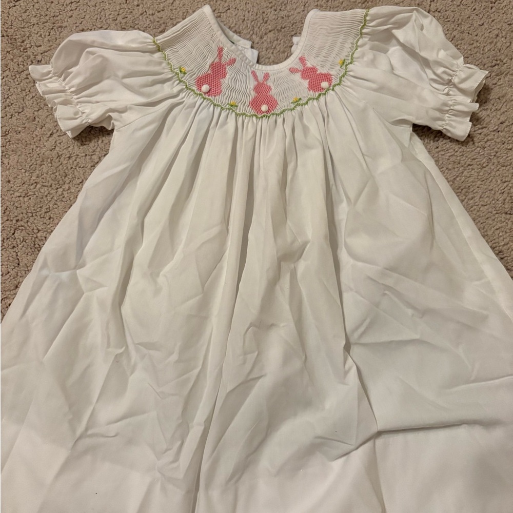 White Dress with Pink Bunny Embroidery